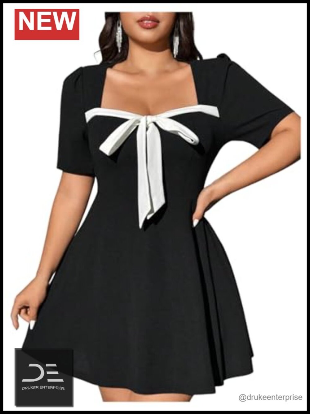 Plus Size Bow Front Mini Dress Short Sleeve Square Neck